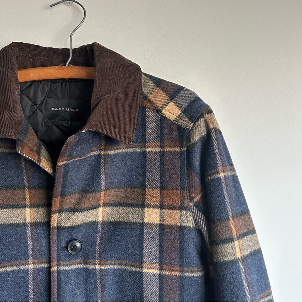 Banana Republic Factory Corduroy Collar Plaid Jacket Mens S Navy Brown - Picture 2 of 5
